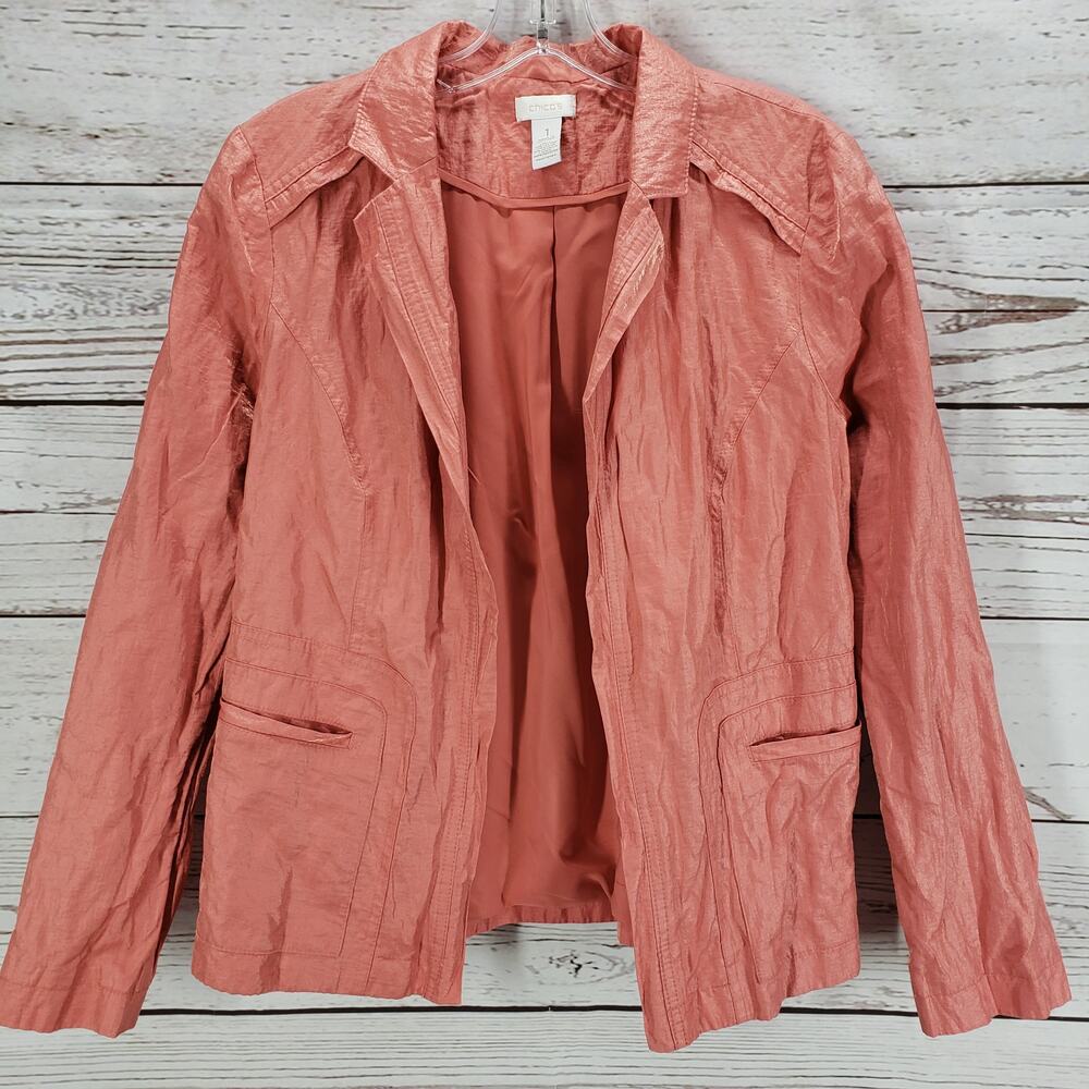 Chico's Women's Orange Metallic Open Front Crinkle Blazer Jacket Size 1